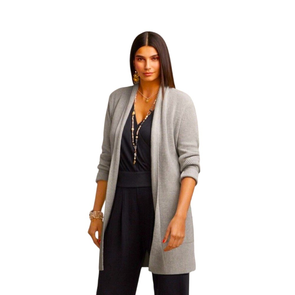 Cabi Chunky Cardigan Grey Open Front with Tie Cozy Neutral Versatile Career Sz M